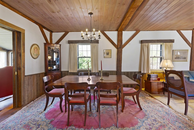 538 County Rd, Guilford, CT 06437 - dining space featuring wooden ceiling, wood walls, a chandelier, and wainscoting