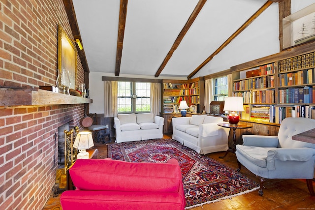 538 County Rd, Guilford, CT 06437 - living area with brick wall, beamed ceiling, and wood finished floors