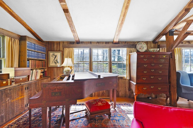 538 County Rd, Guilford, CT 06437 - interior space featuring wood finished floors, wood walls, and beam ceiling