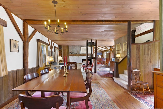 538 County Rd, Guilford, CT 06437 - dining room with wooden walls, a notable chandelier, hardwood / wood-style floors, stairs, and wood ceiling