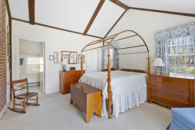 538 County Rd, Guilford, CT 06437 - bedroom with baseboards, high vaulted ceiling, baseboard heating, and light carpet
