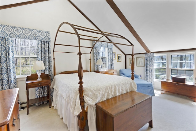538 County Rd, Guilford, CT 06437 - bedroom featuring vaulted ceiling with beams, light carpet, and multiple windows