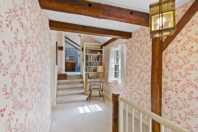 538 County Rd, Guilford, CT 06437 - hallway featuring stairway, carpet floors, vaulted ceiling with beams, and wallpapered walls