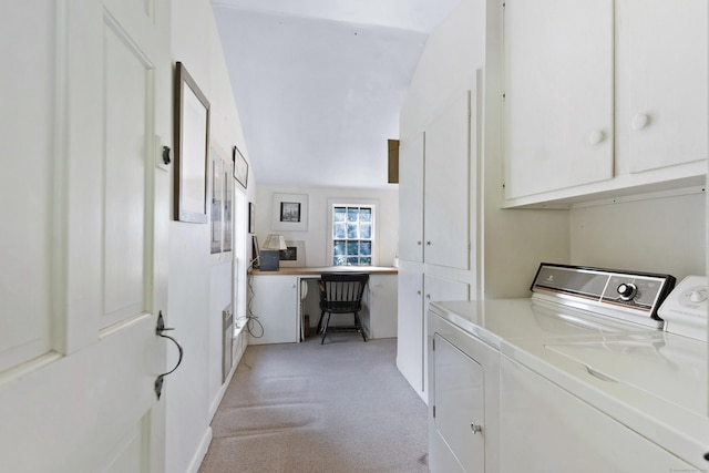 538 County Rd, Guilford, CT 06437 - washroom featuring light colored carpet, cabinet space, and washer and clothes dryer