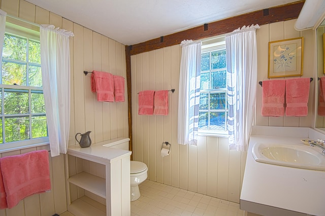 538 County Rd, Guilford, CT 06437 - bathroom with vanity, tile patterned flooring, wooden walls, and toilet
