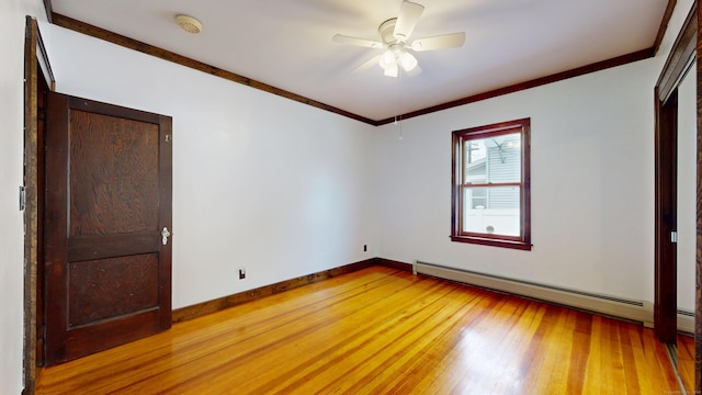 8 Kent St, Plainville, CT 06062 - unfurnished bedroom with light wood-style floors, a baseboard radiator, baseboards, ornamental molding, and ceiling fan