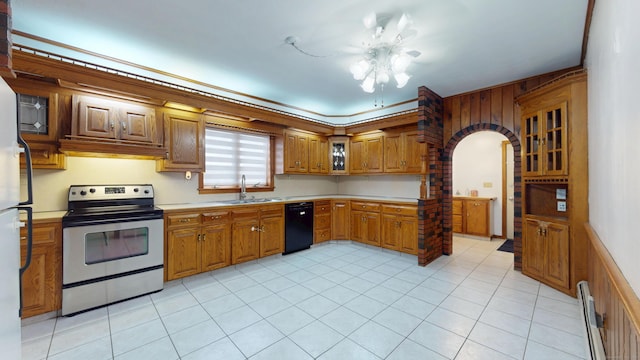 8 Kent St, Plainville, CT 06062 - kitchen featuring stainless steel electric stove, dishwasher, brown cabinets, arched walkways, and baseboard heating