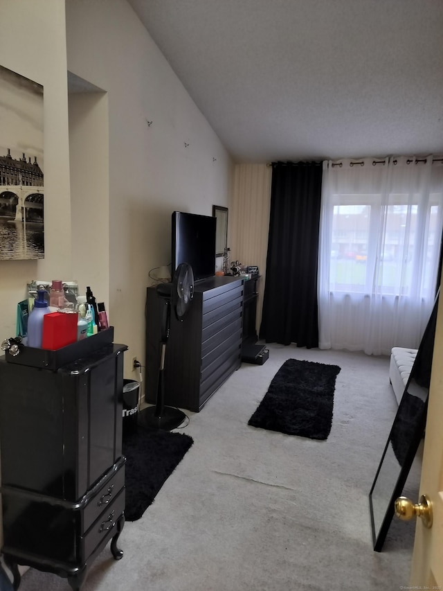 carpeted bedroom featuring lofted ceiling