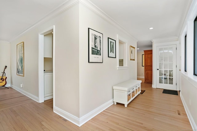 2 Donald Dr, Westport, CT 06880 - hallway with light wood-style floors, ornamental molding, baseboards, and recessed lighting