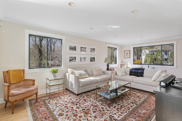 2 Donald Dr, Westport, CT 06880 - living area with light wood-style floors, ornamental molding, baseboards, and recessed lighting