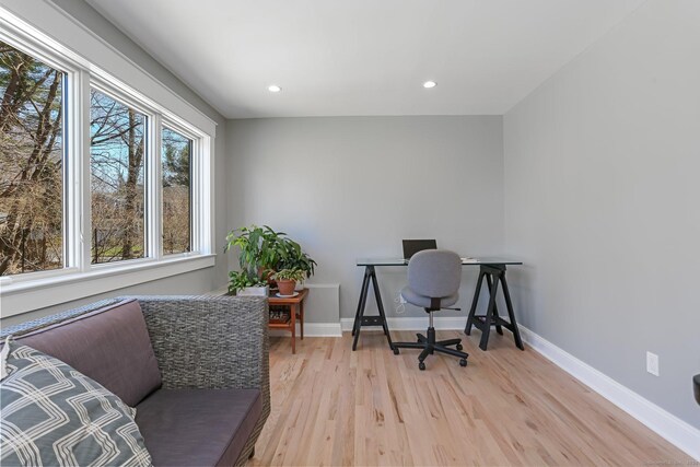 2 Donald Dr, Westport, CT 06880 - home office featuring light wood-type flooring, baseboards, and recessed lighting