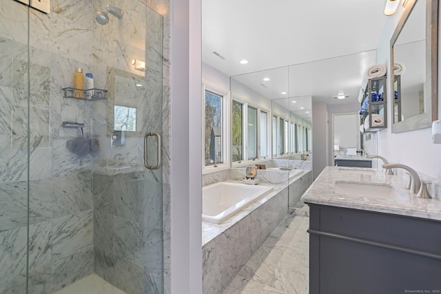 2 Donald Dr, Westport, CT 06880 - full bathroom with a garden tub, double vanity, a marble finish shower, marble finish floors, and recessed lighting
