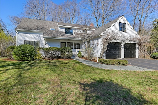 2 Donald Dr, Westport, CT 06880 - view of front of home featuring a garage, a front yard, a chimney, and a shingled roof