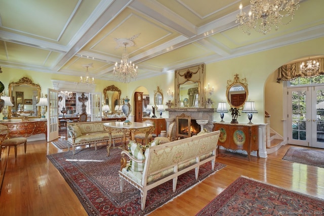 5 Northside Ln, Westport, CT 06880 - living area with arched walkways, a chandelier, french doors, hardwood / wood-style floors, and coffered ceiling