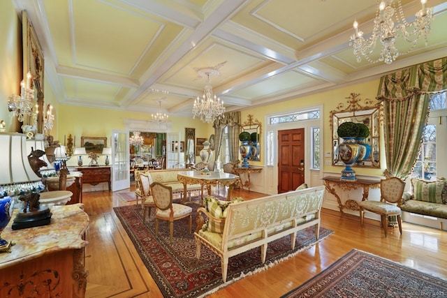 5 Northside Ln, Westport, CT 06880 - living room featuring a chandelier, hardwood / wood-style floors, beam ceiling, coffered ceiling, and ornamental molding