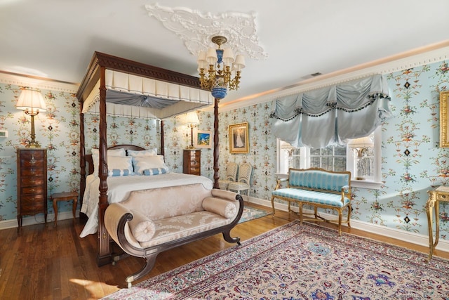 5 Northside Ln, Westport, CT 06880 - bedroom with wood finished floors, wallpapered walls, a chandelier, and crown molding