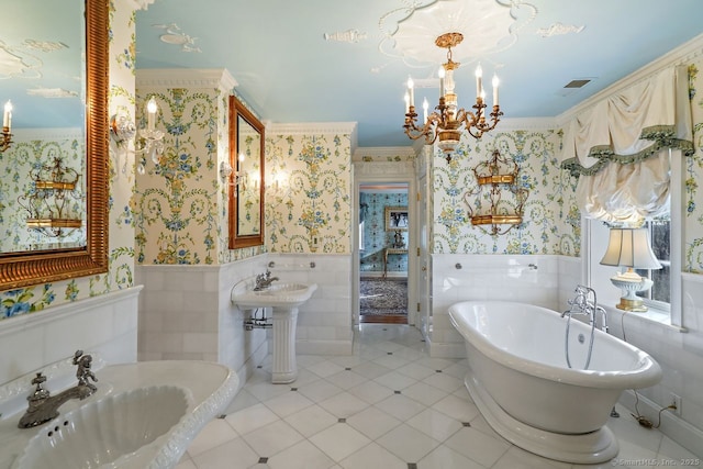 5 Northside Ln, Westport, CT 06880 - full bathroom with wallpapered walls, a chandelier, a freestanding bath, wainscoting, and tile patterned flooring