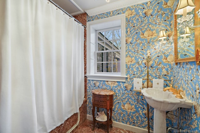 5 Northside Ln, Westport, CT 06880 - bathroom with wallpapered walls, a shower with curtain, and crown molding