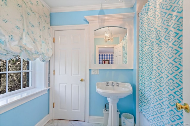 5 Northside Ln, Westport, CT 06880 - bathroom with a chandelier and ornamental molding