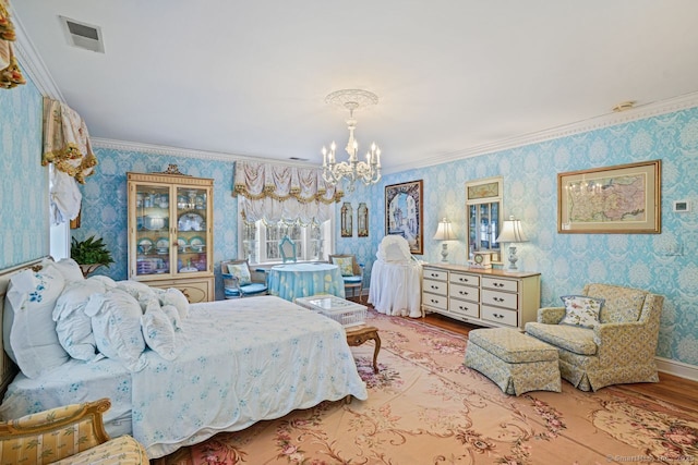 5 Northside Ln, Westport, CT 06880 - bedroom featuring wallpapered walls, a chandelier, wood finished floors, and crown molding