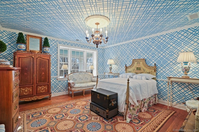 5 Northside Ln, Westport, CT 06880 - bedroom with wallpapered walls, crown molding, a chandelier, and wood finished floors