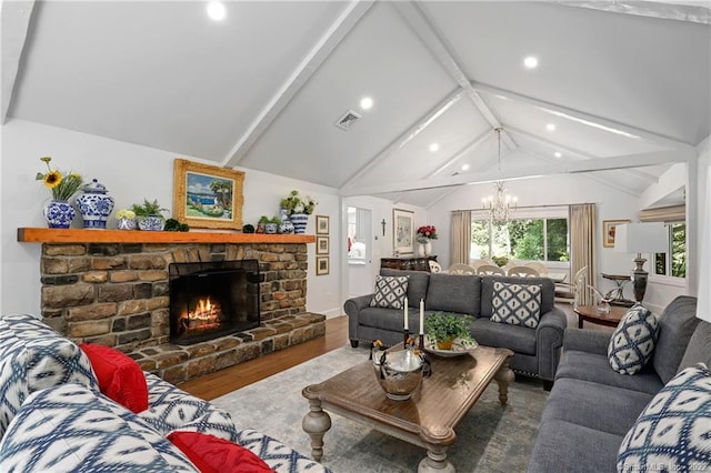 41 Hermit Ln, Westport, CT 06880 - living room with visible vents, wood finished floors, recessed lighting, vaulted ceiling with beams, and a chandelier