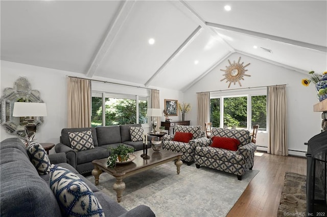 41 Hermit Ln, Westport, CT 06880 - living area with a healthy amount of sunlight, a baseboard radiator, hardwood / wood-style flooring, and beam ceiling
