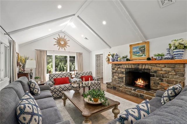 41 Hermit Ln, Westport, CT 06880 - living area featuring beamed ceiling, visible vents, wood finished floors, and a fireplace