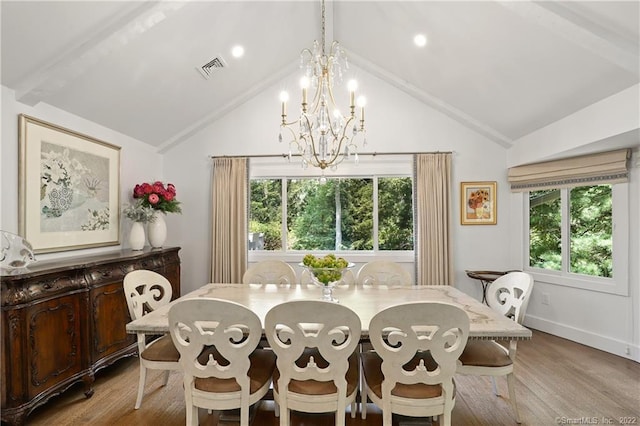 41 Hermit Ln, Westport, CT 06880 - dining space featuring visible vents, lofted ceiling with beams, wood finished floors, and a notable chandelier