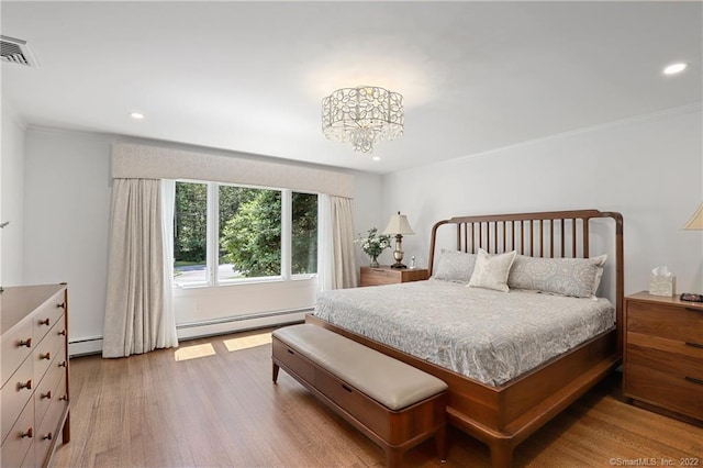 41 Hermit Ln, Westport, CT 06880 - bedroom with visible vents, crown molding, wood finished floors, a baseboard radiator, and recessed lighting