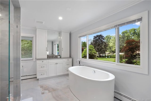41 Hermit Ln, Westport, CT 06880 - full bathroom with crown molding, a freestanding bath, baseboard heating, and vanity