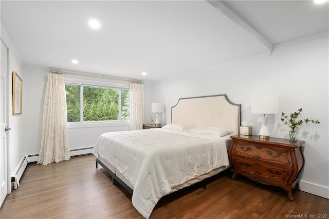 41 Hermit Ln, Westport, CT 06880 - bedroom with baseboard heating, recessed lighting, wood finished floors, a baseboard radiator, and ornamental molding