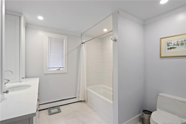 41 Hermit Ln, Westport, CT 06880 - bathroom featuring vanity, toilet, shower / bathtub combination with curtain, a baseboard heating unit, and ornamental molding