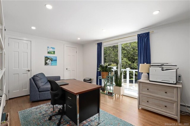 41 Hermit Ln, Westport, CT 06880 - office area with ornamental molding, recessed lighting, and wood finished floors