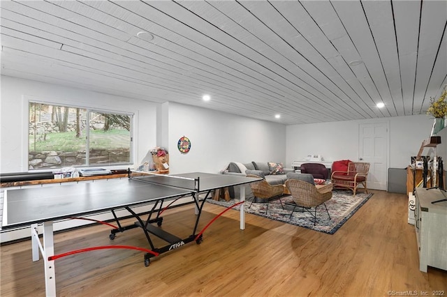 41 Hermit Ln, Westport, CT 06880 - rec room featuring recessed lighting, light wood-style flooring, and wooden ceiling