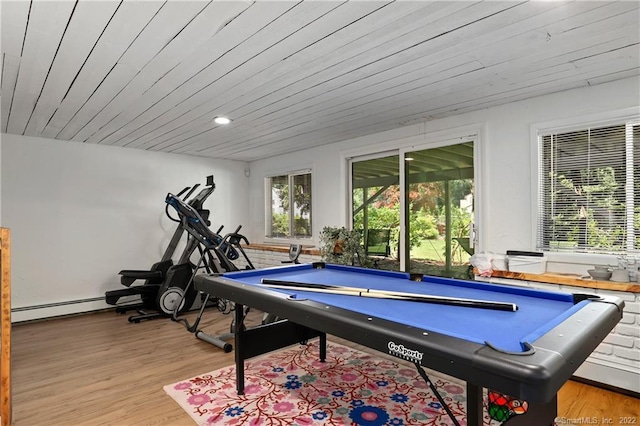 41 Hermit Ln, Westport, CT 06880 - rec room featuring light wood-style floors, a baseboard radiator, wood ceiling, and pool table
