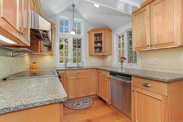 kitchen with a sink, light wood-style floors, dishwasher, range hood, and vaulted ceiling
