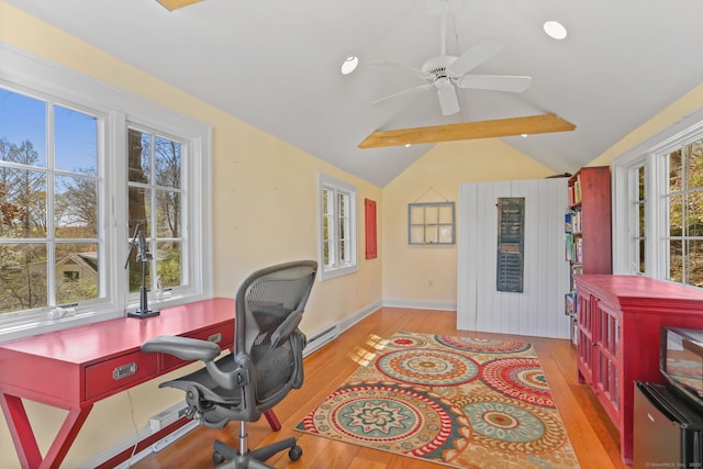 home office with baseboards, light wood-type flooring, vaulted ceiling with beams, a baseboard heating unit, and a ceiling fan