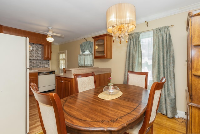 dining area with crown molding, ceiling fan with notable chandelier, and light wood-type flooring