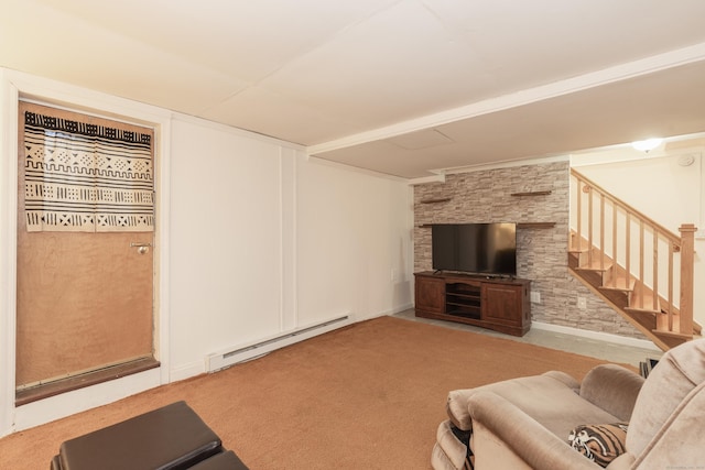 living area with baseboard heating and stairs