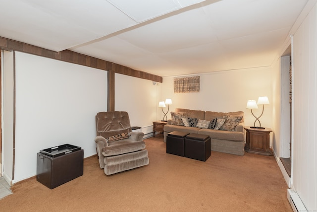 carpeted living room with a baseboard heating unit and baseboard heating