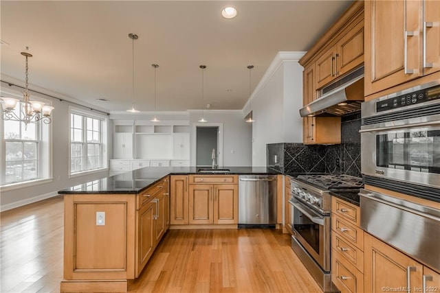 85 Memorial Rd Apt 414, West Hartford, CT 06107 - kitchen with under cabinet range hood, a sink, a warming drawer, a peninsula, and appliances with stainless steel finishes