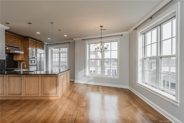 85 Memorial Rd Apt 414, West Hartford, CT 06107 - kitchen featuring baseboards, light wood-style flooring, under cabinet range hood, and built in refrigerator