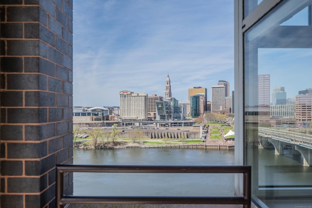 interior space featuring a water view