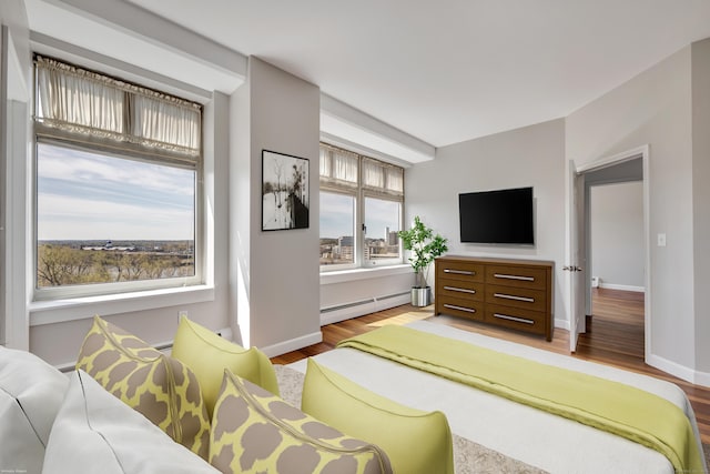living room featuring baseboard heating, wood finished floors, and baseboards