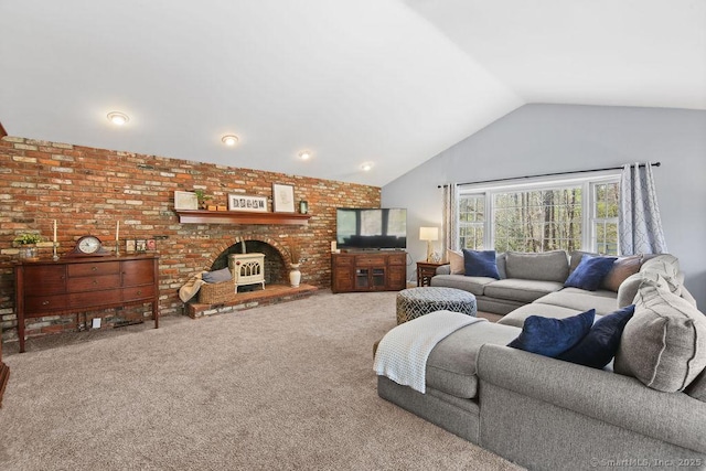 8 Gregory Ln, Simsbury, CT 06070 - carpeted living area featuring a brick fireplace and high vaulted ceiling