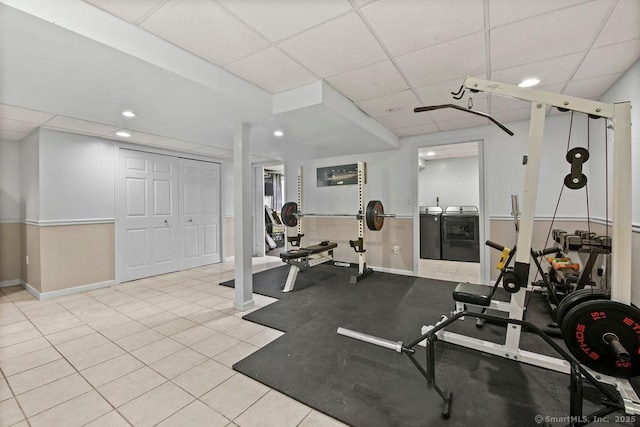 8 Gregory Ln, Simsbury, CT 06070 - exercise area featuring recessed lighting, a drop ceiling, tile patterned floors, washing machine and dryer, and baseboards