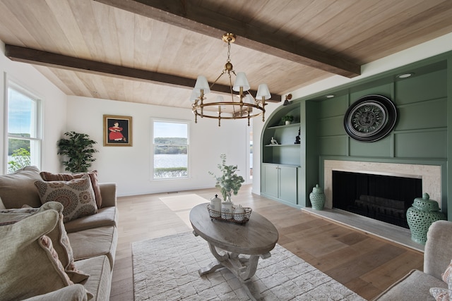 living area featuring wood ceiling, light wood finished floors, beam ceiling, and a chandelier