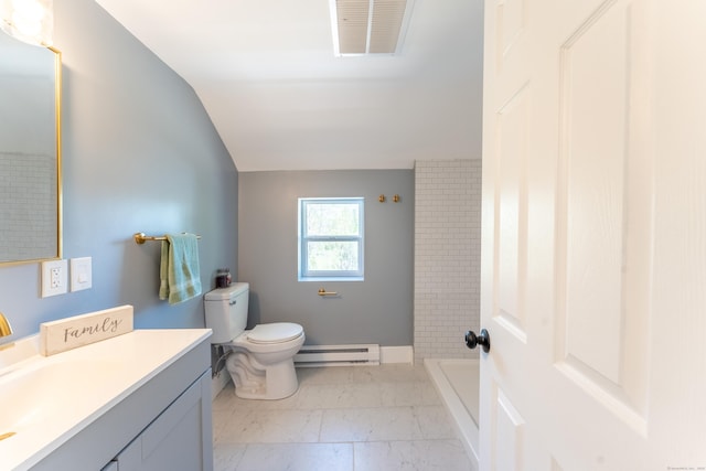 full bathroom with visible vents, vanity, marble finish floor, toilet, and baseboard heating