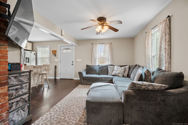living area featuring baseboards, a ceiling fan, a healthy amount of sunlight, and dark wood finished floors